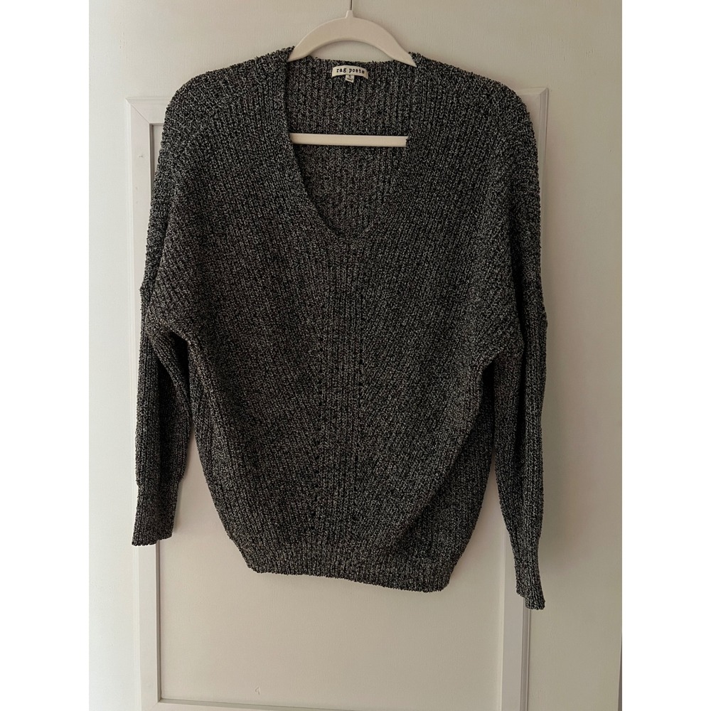 Rag Poets Womens Marled V-Neck Sweater Charcoal Grey White Size S 44"x25"